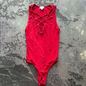 Guess Red Bodysuit with Lace-Up Sides and Plunging Neckline
